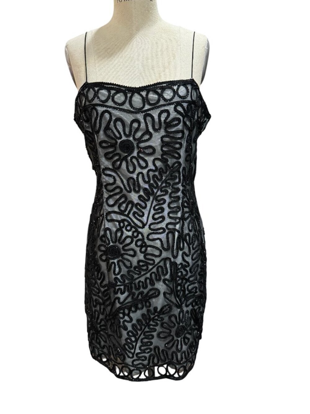 Adrianna Papell Black Beaded Mesh Cocktail Dress Petite 12 Vintage Glam - Picture 2 of 6